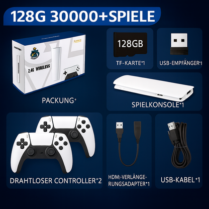 Übersicht zum Lieferumfang: GameNova 4K Stick, zwei Wireless-Controller, USB-Empfänger, HDMI-Verlängerung, USB-Kabel und SD-Karte
